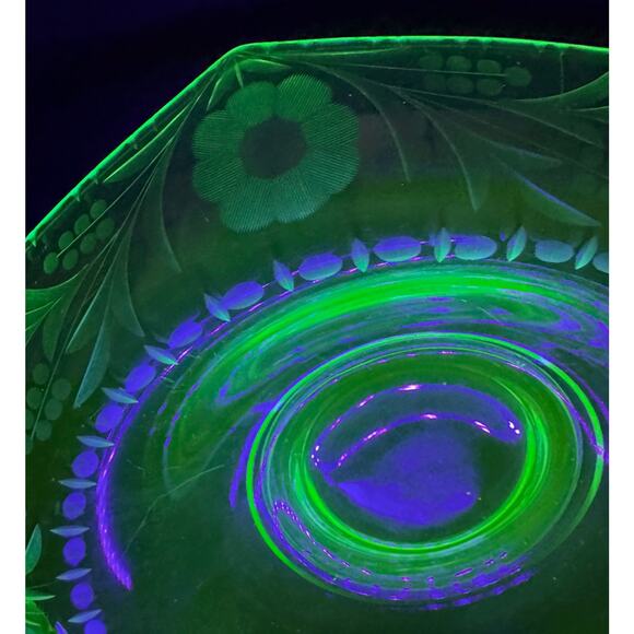 Uranium Glass Bowl Vaseline Glass Floral Etched Rolled Edge Glows Green UV 12in - Picture 3 of 9